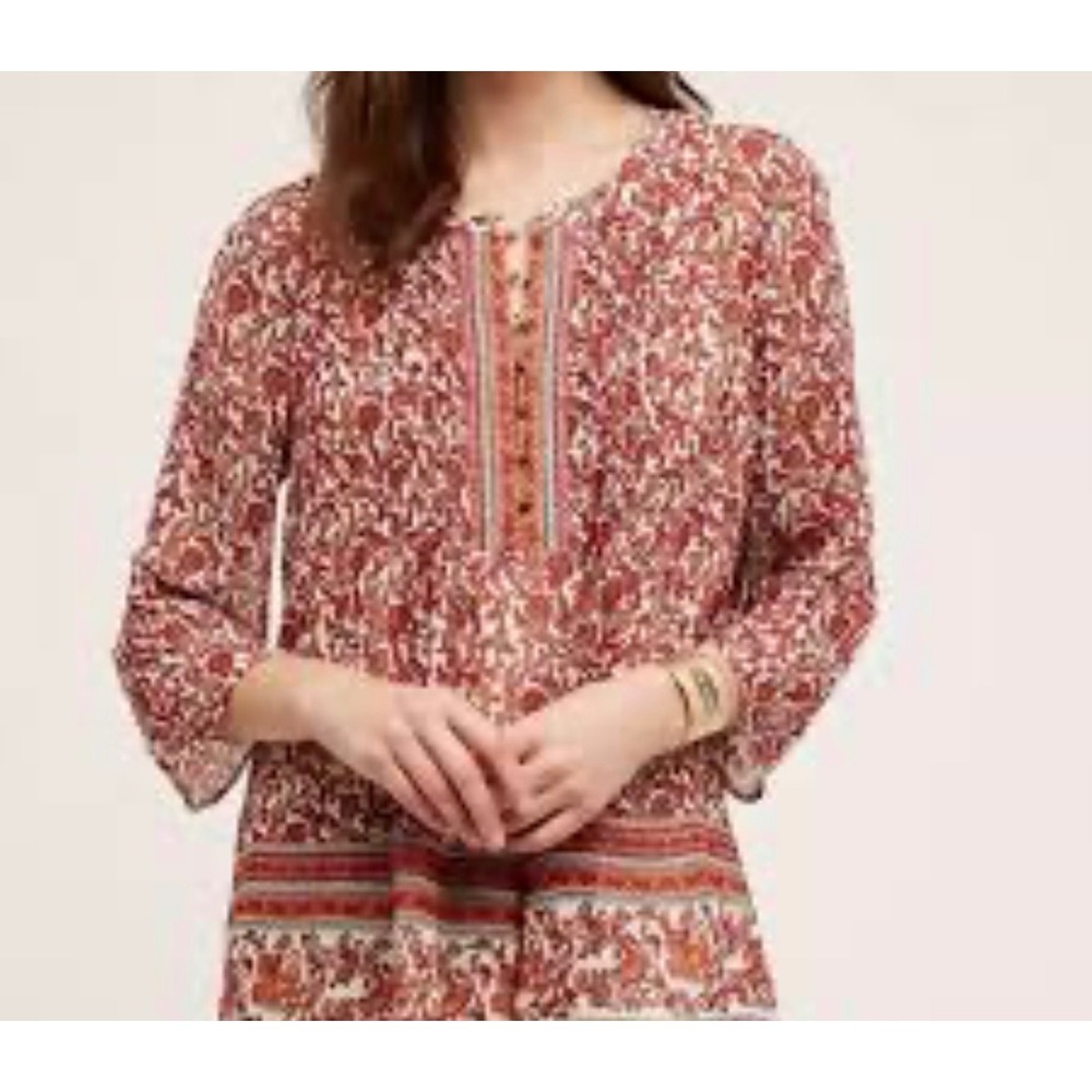 Anthropologie Meadow Rue Bird in Hand peasant blouse red ivory paisley print XSP